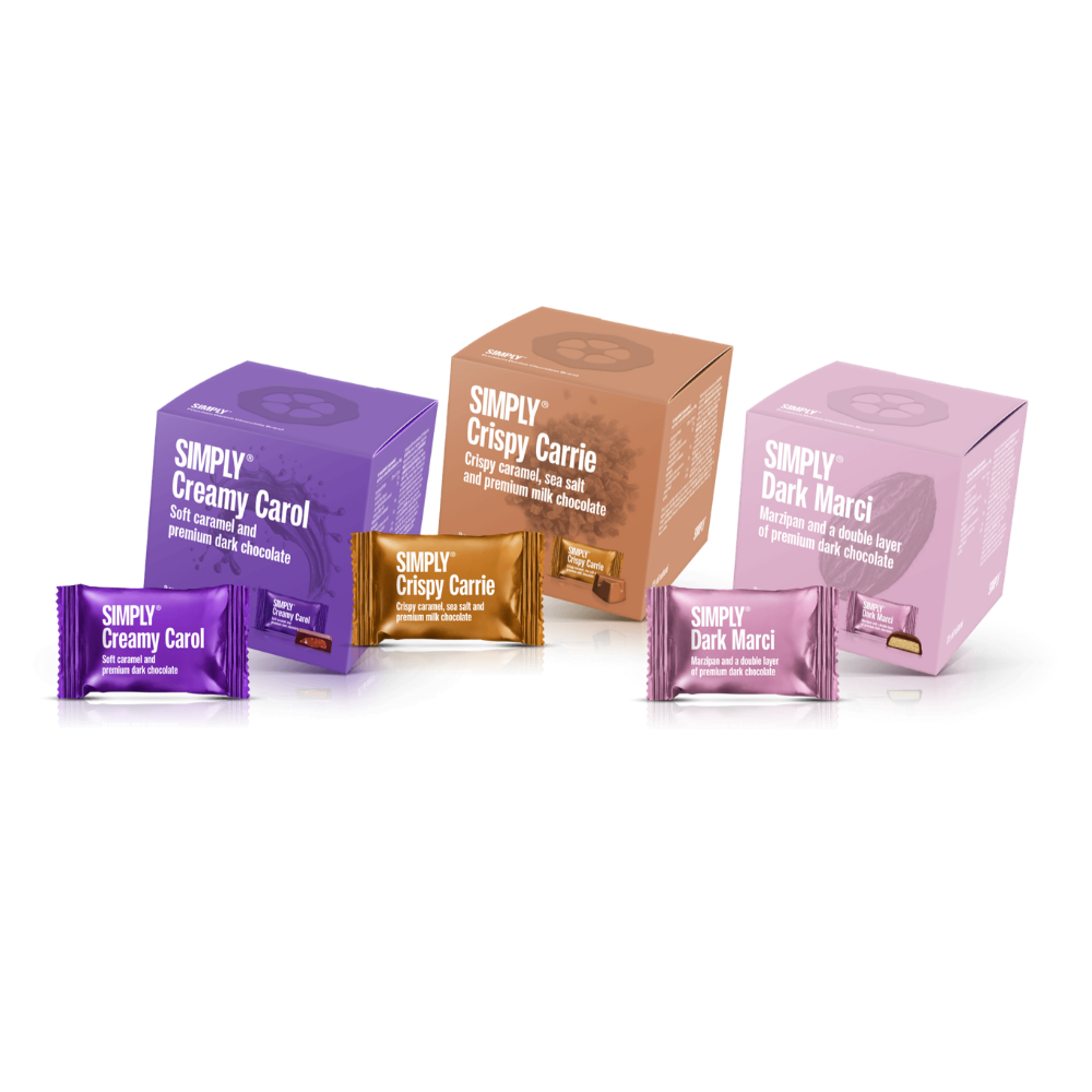 Carol, Carrie & Marci: tre små gaveæsker med Creamy Carol, Crispy Carrie og Dark Marci