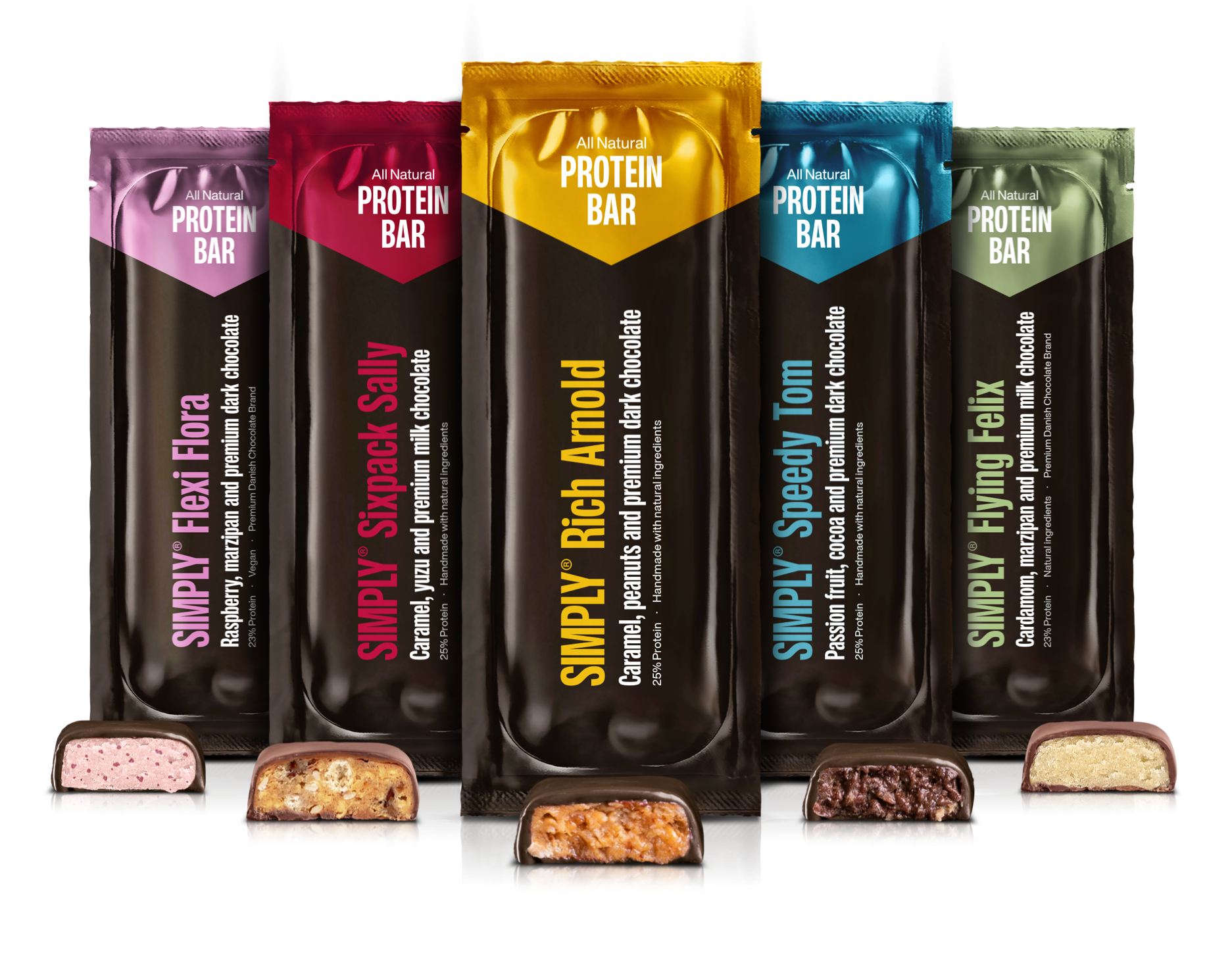 Chokolade Proteinbar mix kasse 15 stk - Simply® Arnold/Sally/Tom/Flora/Felix