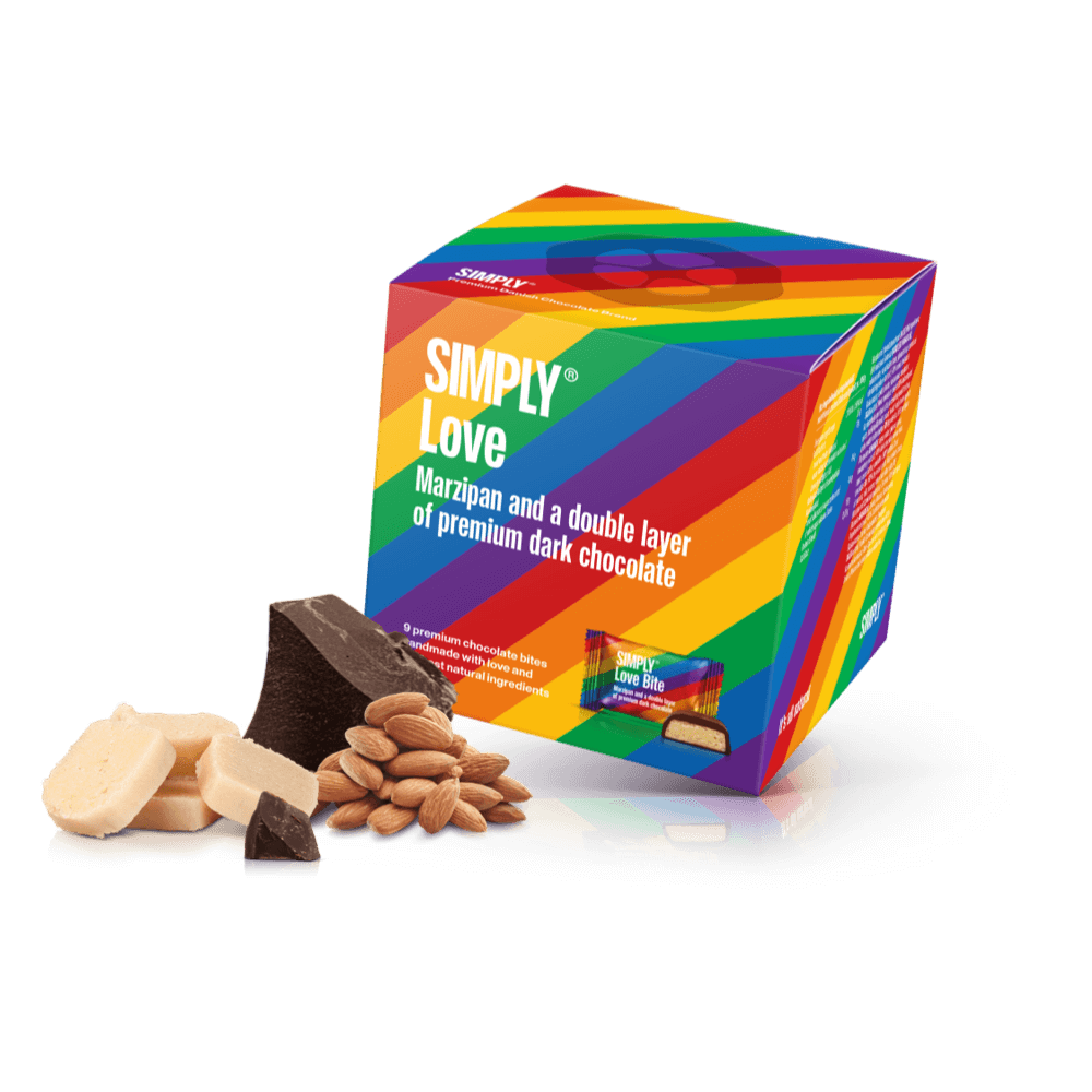 Simply® Love - Gaveæske med 9 bites | Marcipan og et tykt lag premium mørk chokolade - Single Cubes - Simply®