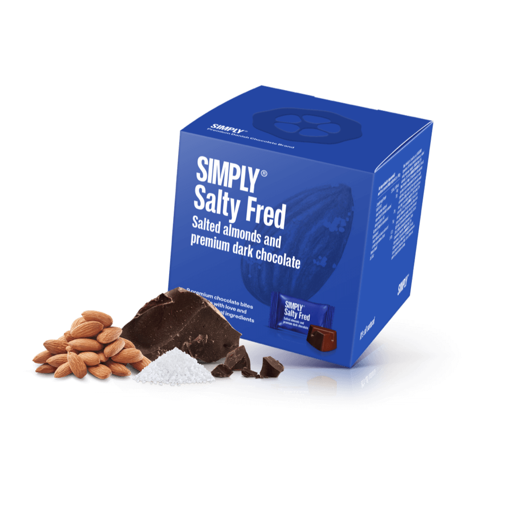 Simply® Salty Fred - Gaveæske med 9 bites | Saltede, ristede mandler med premium mørk chokolade - Single Cubes - Simply®